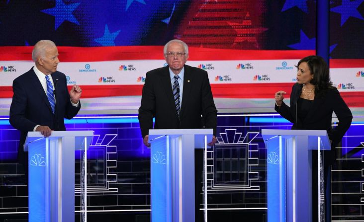 Harris confronts former Vice President Joe Biden, left, during the first Democratic debates in June 2019. Harris <a href=