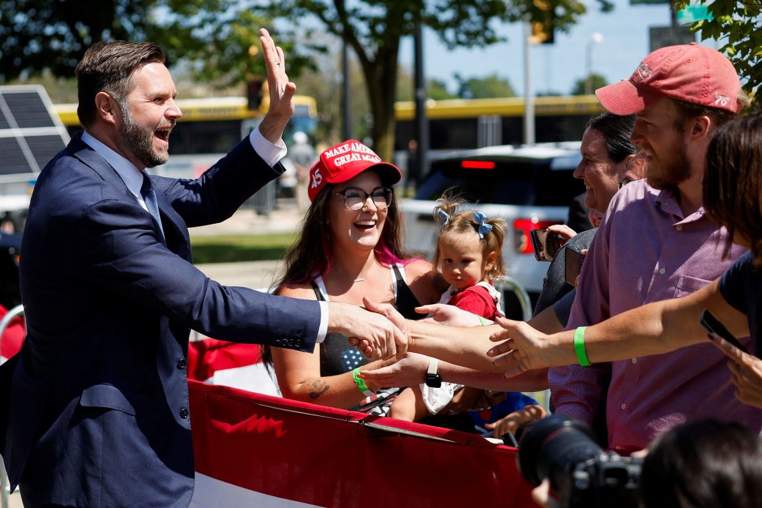 Ohio Sen. JD Vance greets supporters as he arrives for an event at Kenosha City Courthouse in Kenosha, Wisconsin, on August 20, 2024.