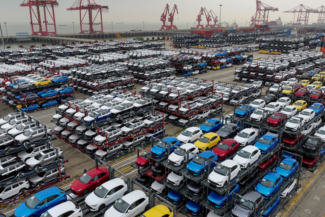 Electric cars destined for export at the Port of Taicang in Suzhou, China, pictured<strong> </strong>in April 2024.