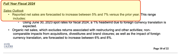 source: Estee Lauder earnings announcement FY 23