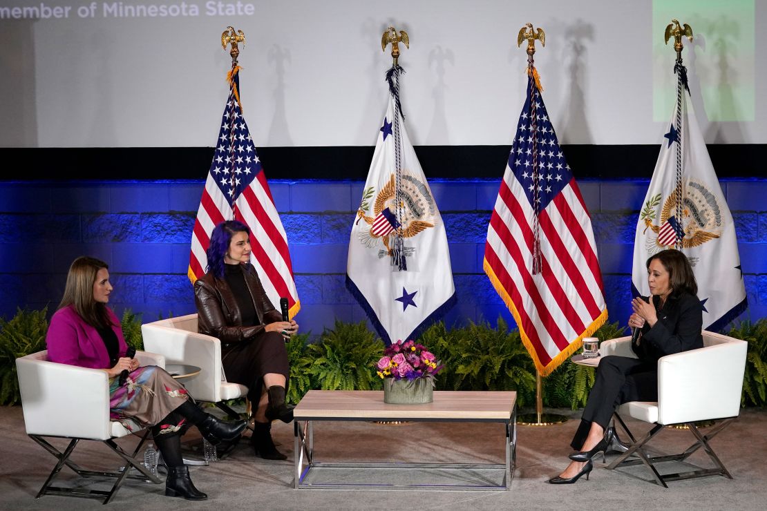 From left, Minnesota Lt. Gov. Peggy Flanagan, podcast host Emily Tisch Sussman and Harris speak about reproductive rights at an event in St. Paul on October 22, 2022.