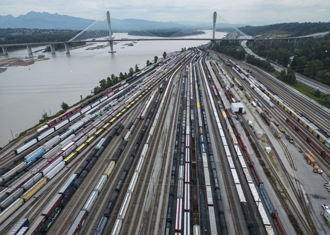 Train cars on the tracks at Canadian National Rail's Thornton Yard in Surrey, British Columbia, Canada, on August 22.