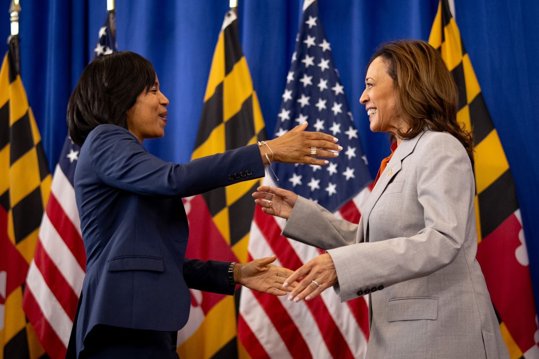 Harris joins Prince George's County Executive Angela Alsobrooks onstage to speak at a campaign event in Landover on June 7, 2024.